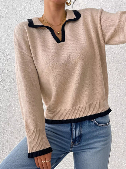 Contrast Trim Polo Collar Sweater