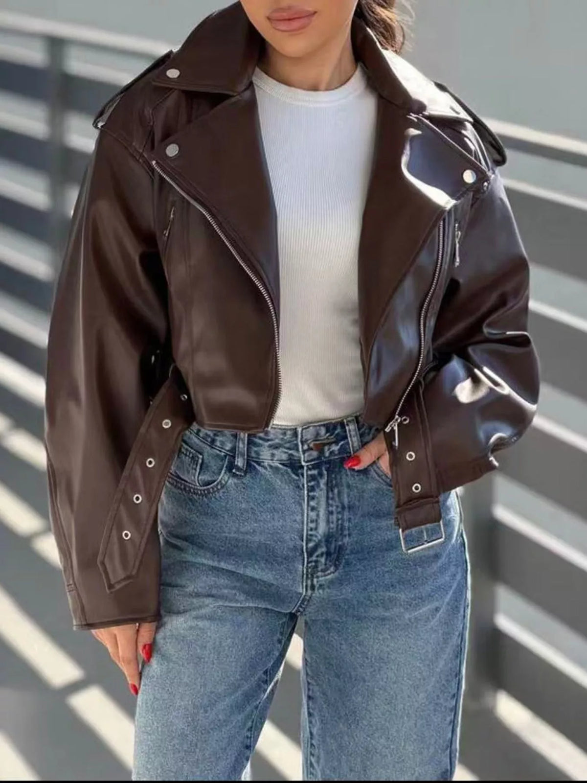 Faux leather belted jacket in burgundy, black and brown