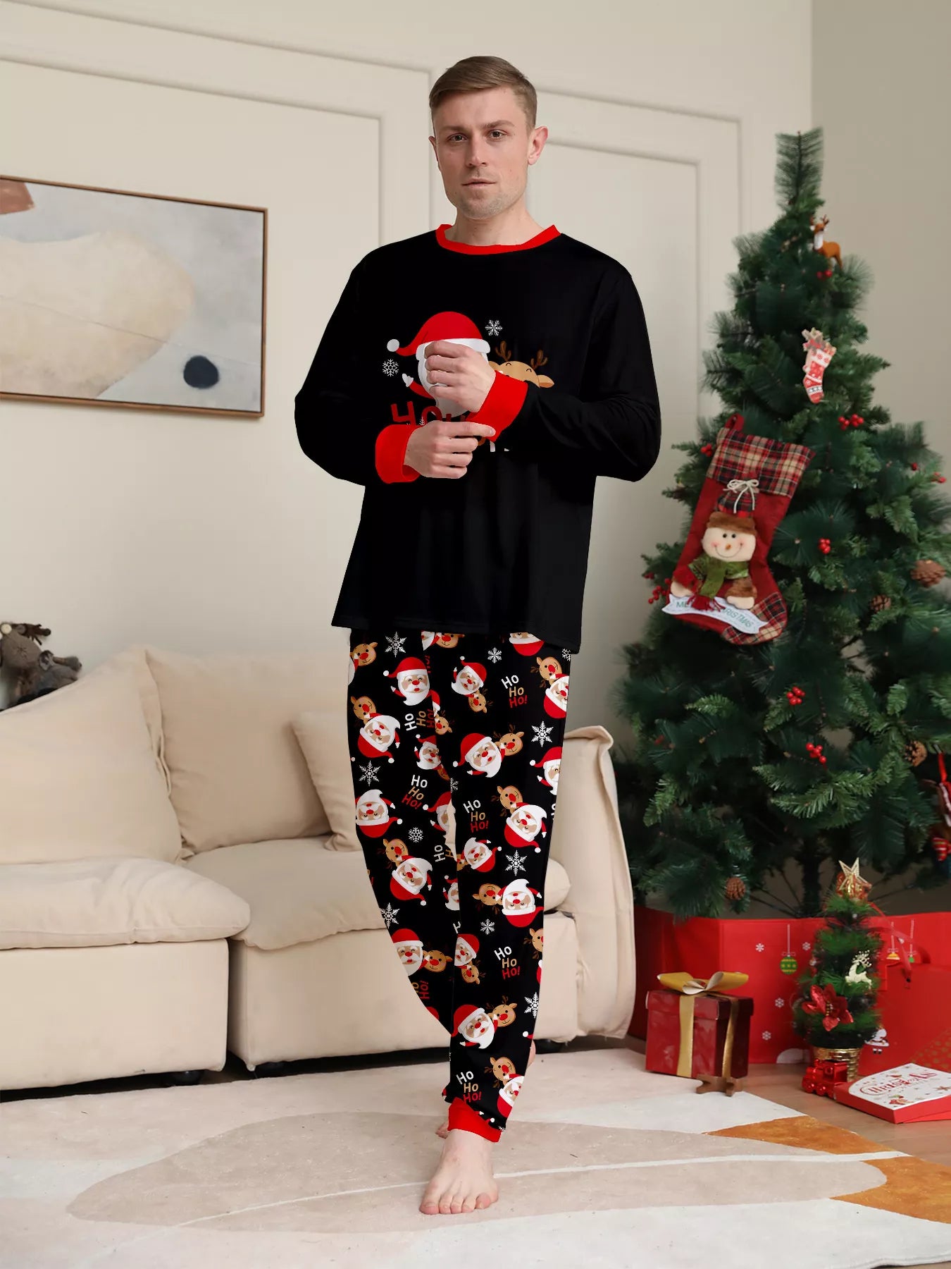 Full Size Matching Family Christmas Pajamas Set with Santa and Reindeer Print Plus Size