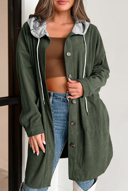 Drawstring Button Up Hooded Jacket