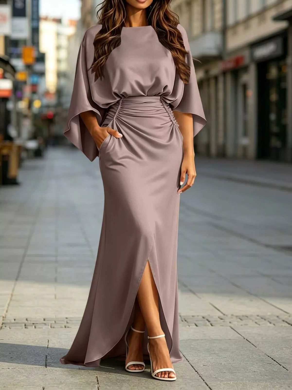 Ruched waist pocket maxi dress, sizes L to XXL