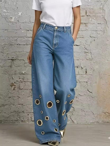 Wide Leg Jeans with Eyelet Details