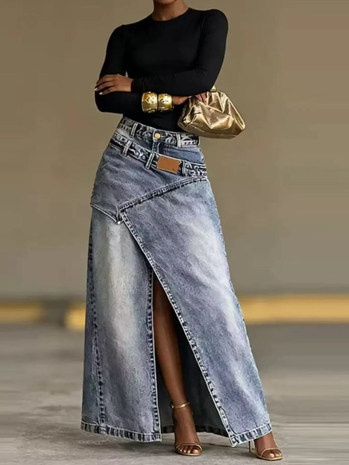 High-Waisted Asymmetric Slit Denim Maxi Skirt