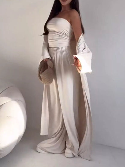 Tube Top & Cardigan & Wide Leg Pants 3-Piece Set