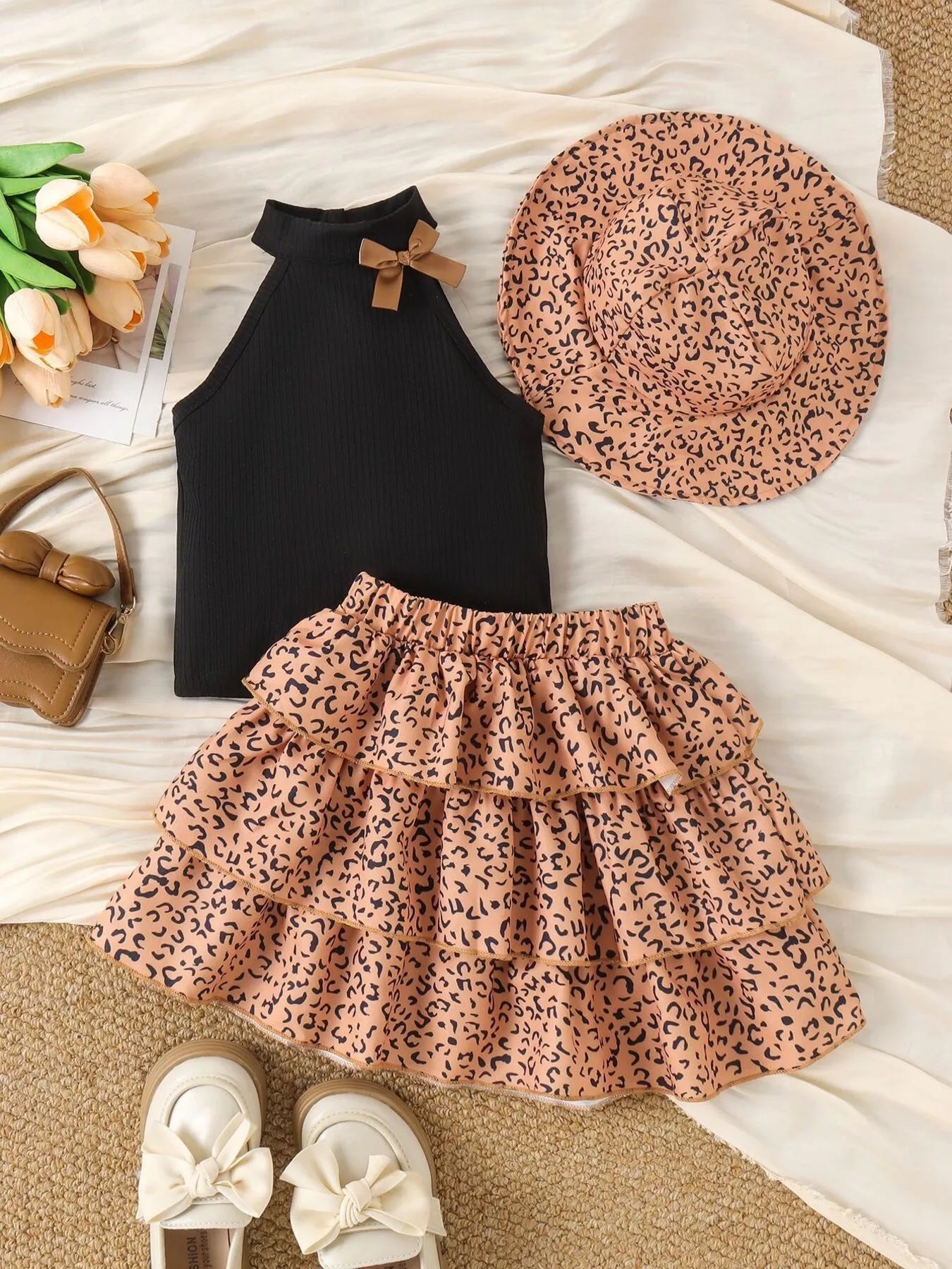 Children's Halter Top and Leopard Print Ruffled Skirt Set with Hat