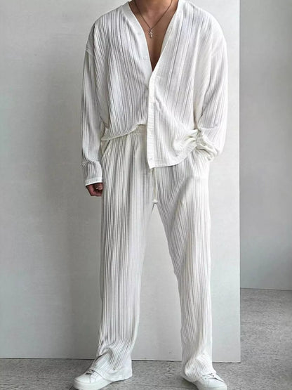 Men's Textured Button Up Shirt and Pants Set Plus Size