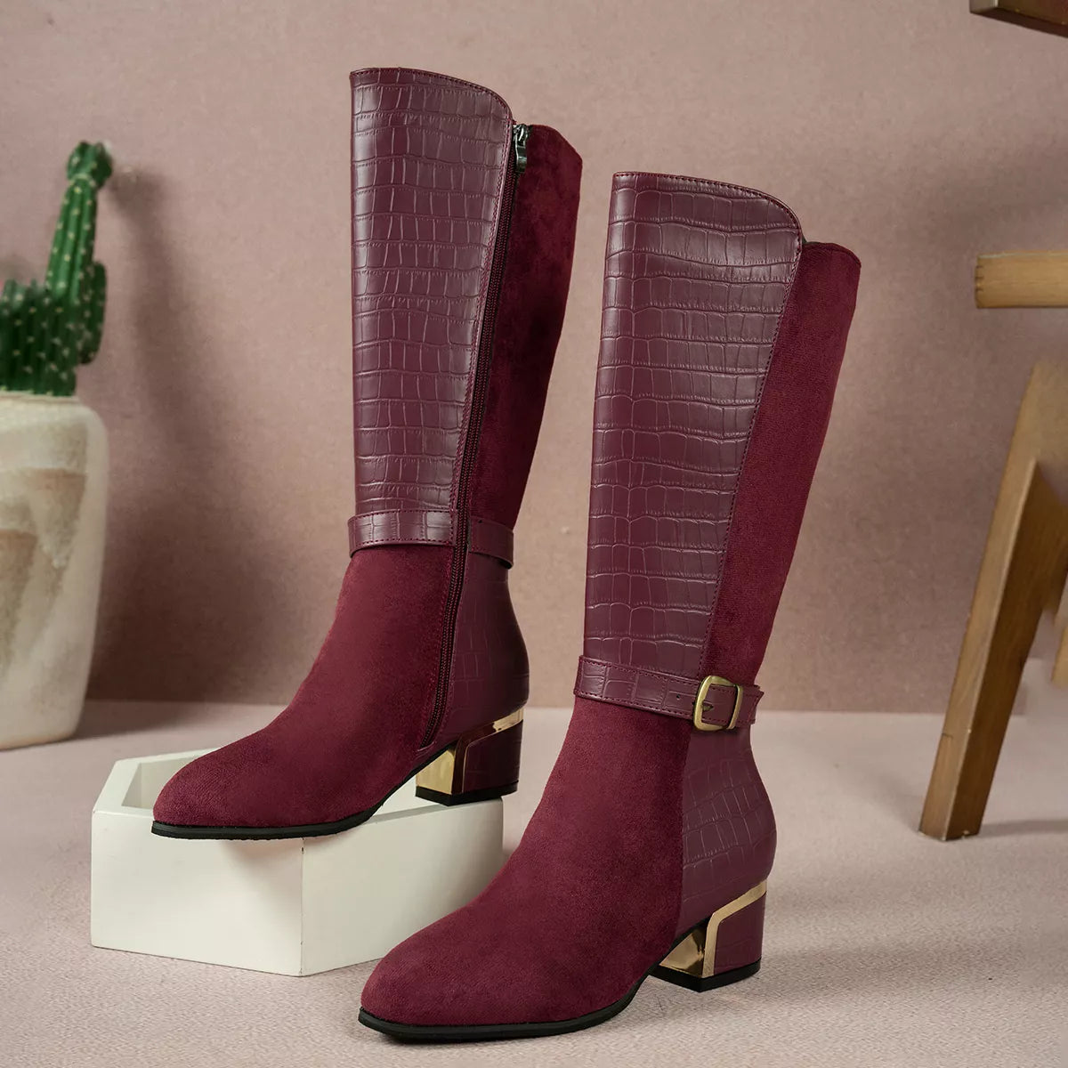 Crocodile Texture Knee-High Boots