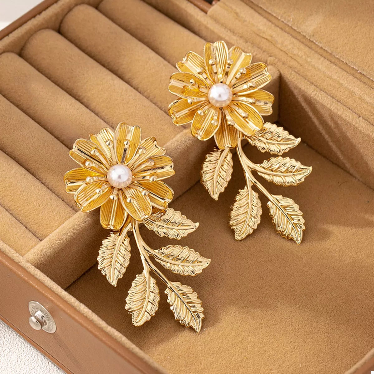 Gold flower leaf drop earrings, view 2
