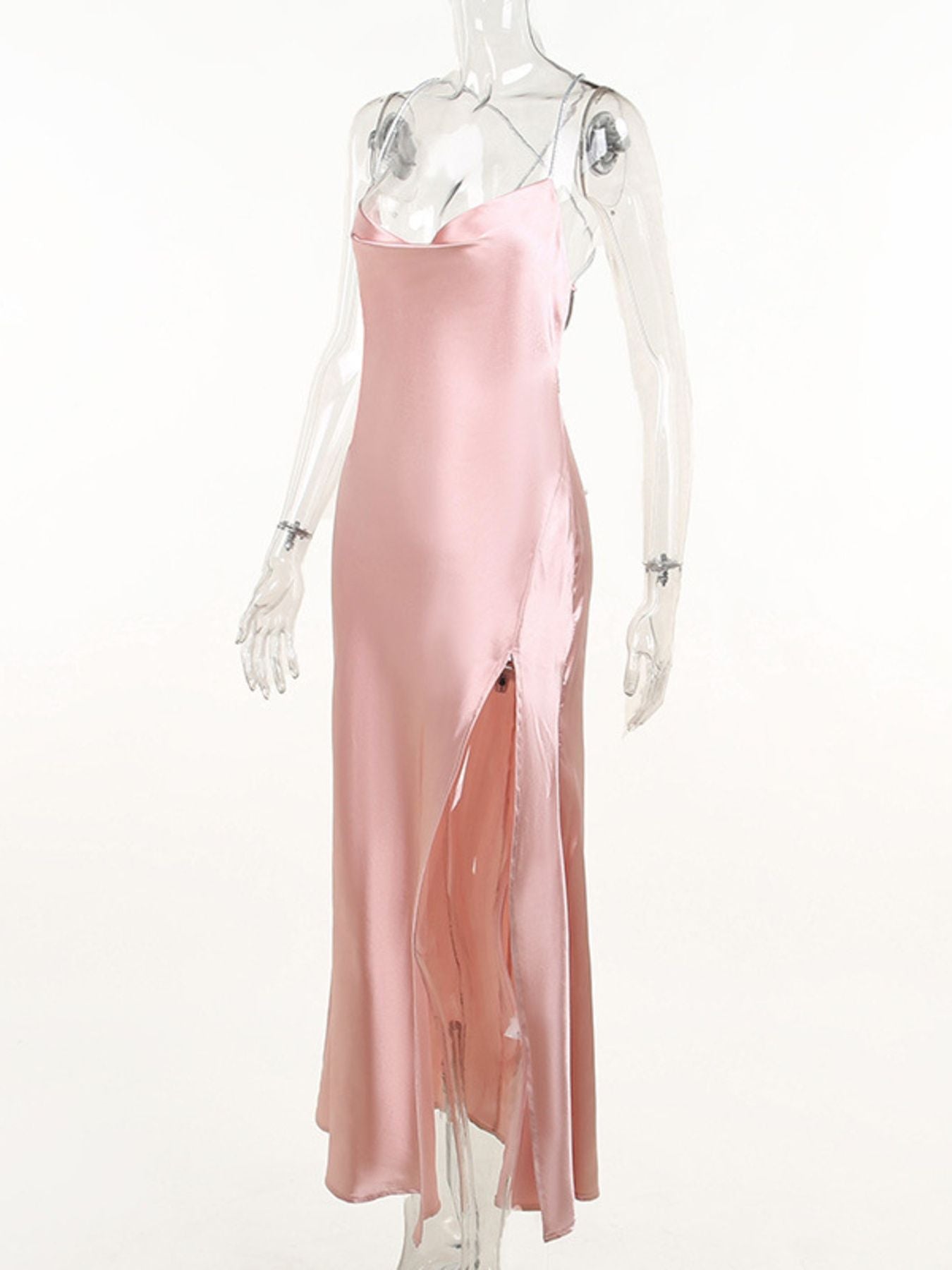 Slinky Satin Cowl Neck High Slit Dress with Back Lace Up