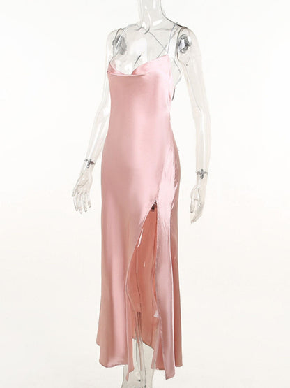 Slinky Satin Cowl Neck High Slit Dress with Back Lace Up