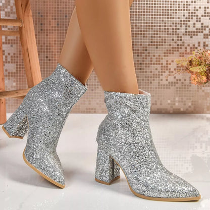 Sequin Point Toe Block Heels Boots
