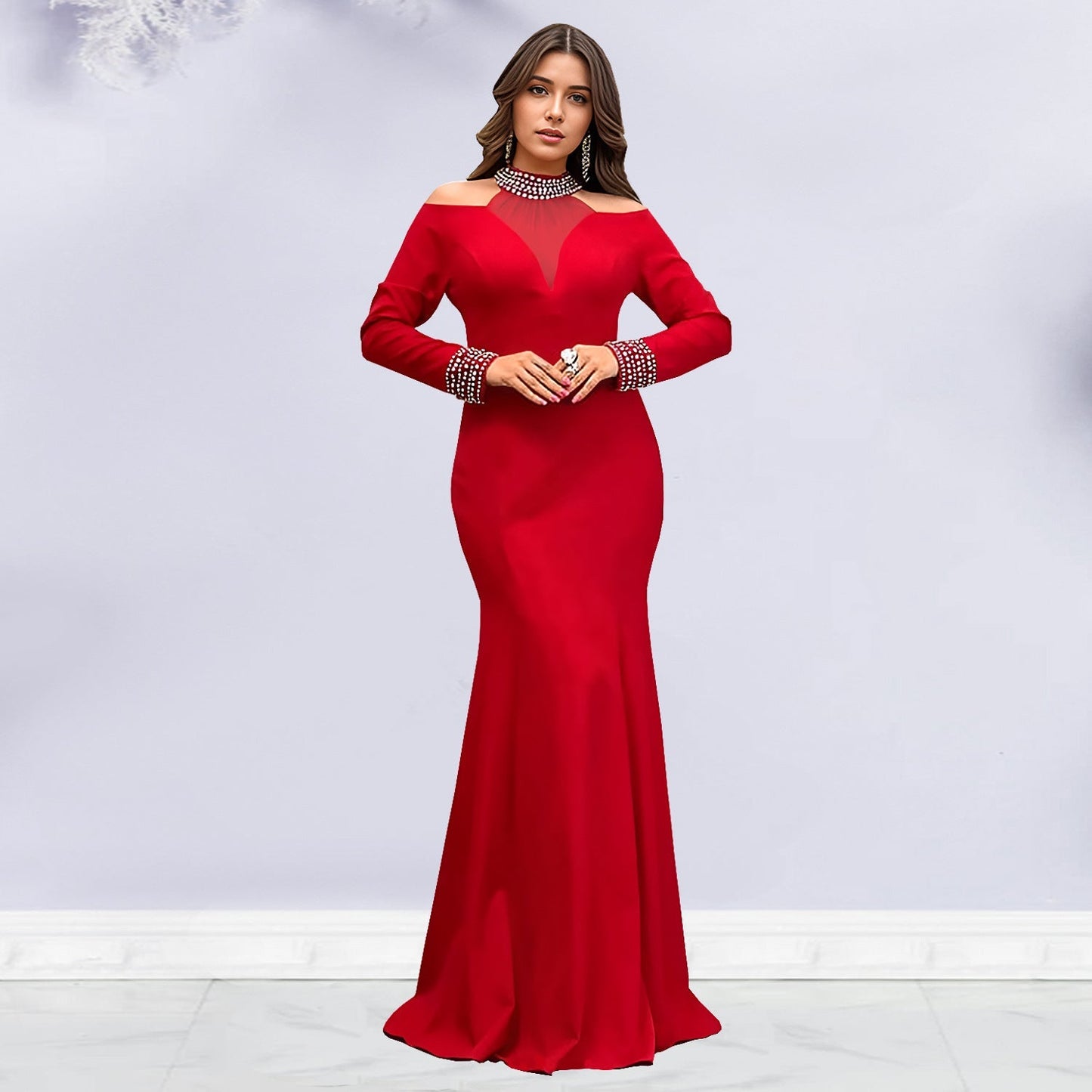 Solid color dress with wrapped arms and rhinestones