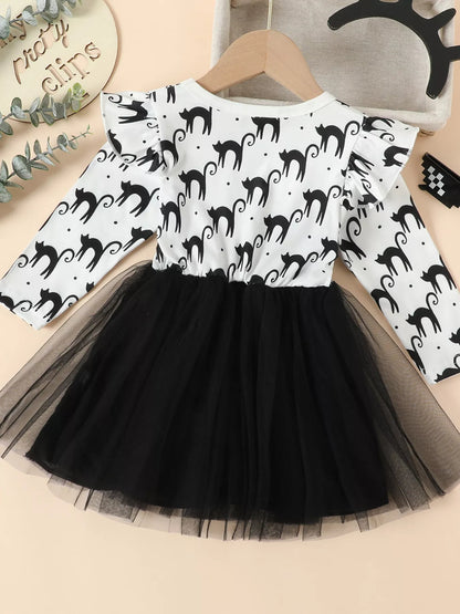 Children's Halloween Cat Eye Ruffle Tulle Dress