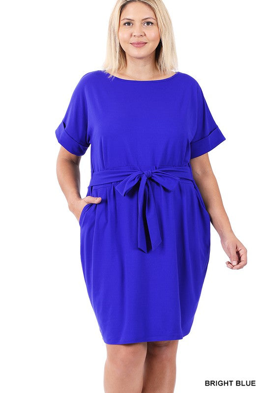 Plus Size Brushed Tie Belted Dress