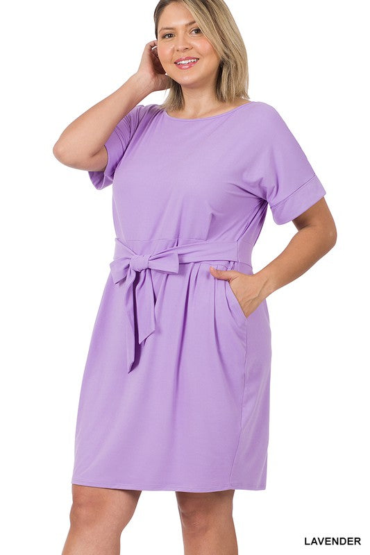 Plus Size Brushed Tie Belted Dress