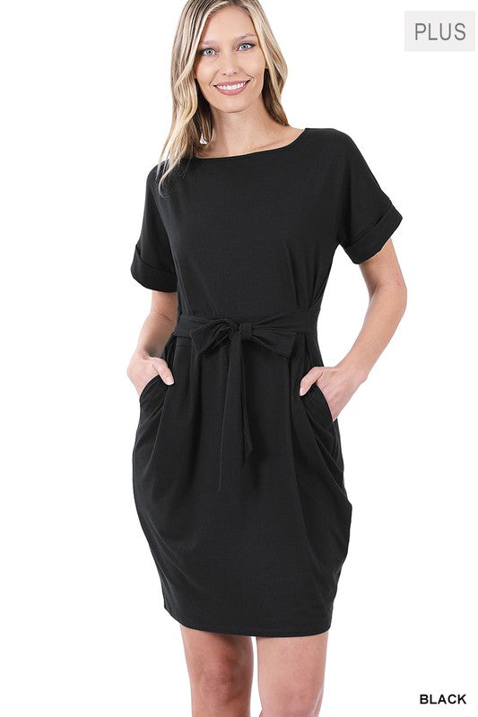 Plus Size Brushed Tie Belted Dress