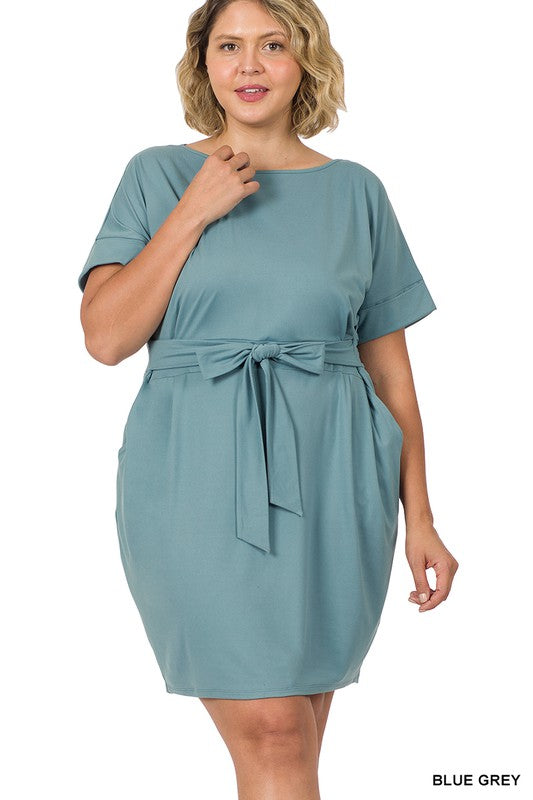 Plus Size Brushed Tie Belted Dress