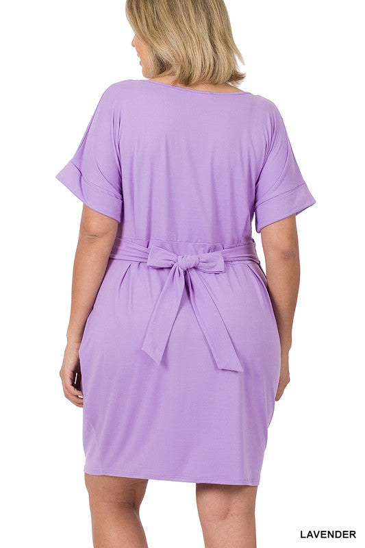 Plus Size Brushed Tie Belted Dress