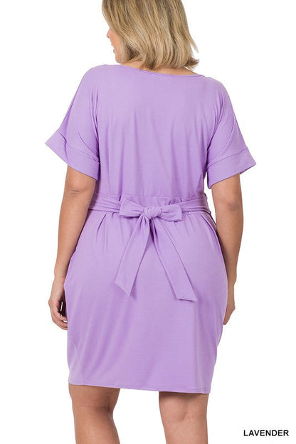 Plus Size Brushed Tie Belted Dress