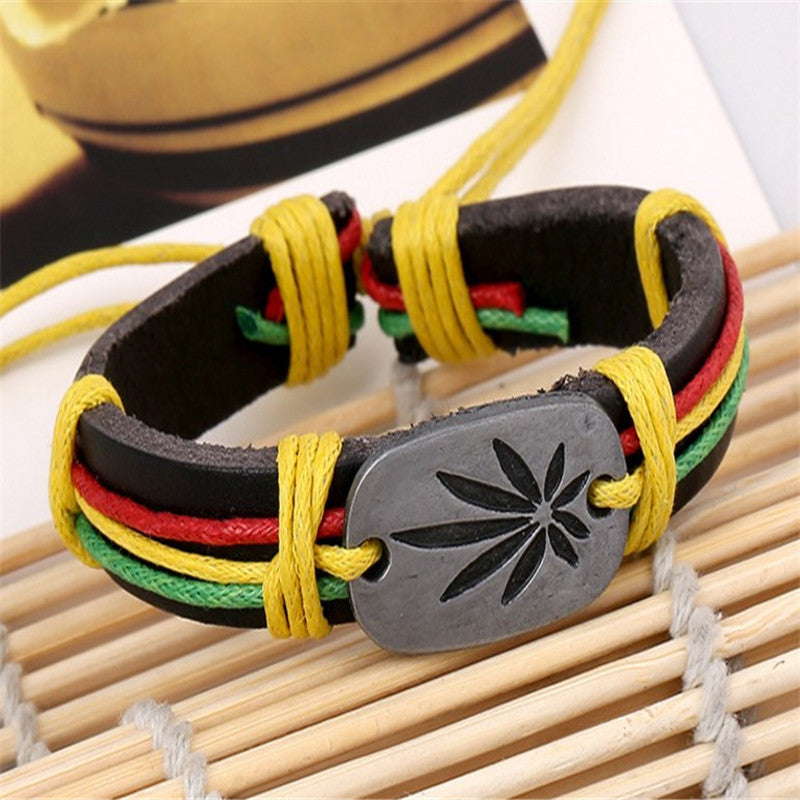 Jamaican Reggae Red Yellow Green Leaf Bracelet Factory Direct Genuine Leather Jewelry