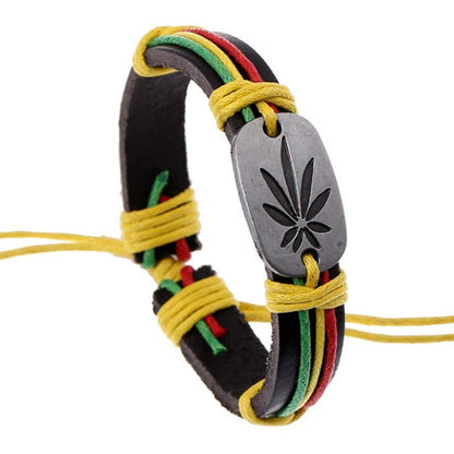 Jamaican Reggae Red Yellow Green Leaf Bracelet Factory Direct Genuine Leather Jewelry