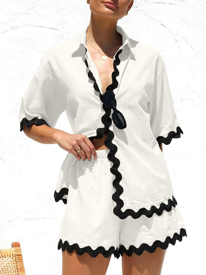 Contrast Trim Half Sleeve Shorts Set