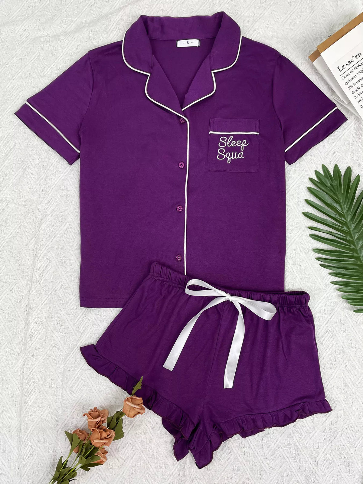 Contrast Piping Button-Down Shirt and Ruffle Shorts Set