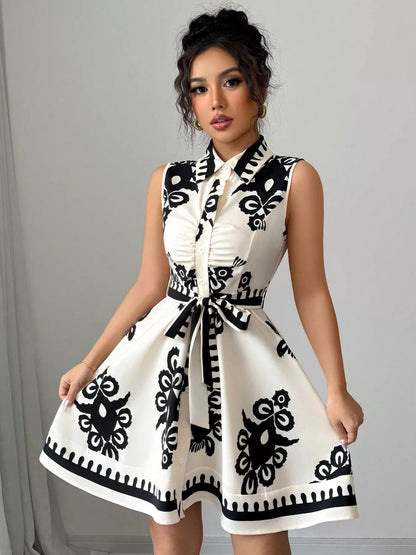Sleeveless Ruched Printed Tie Waist Dress