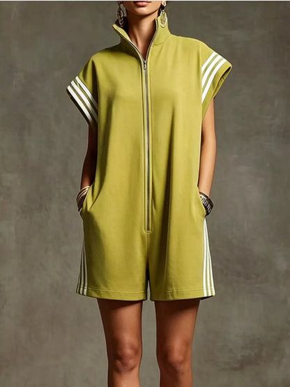Striped Zip Front Short Sleeve Romper