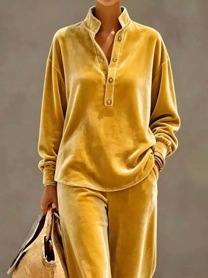 Plus Size Half Button Top & Wide Leg Pants Set