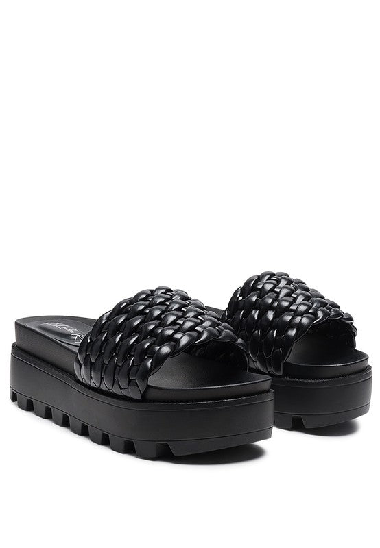 PLATFORM SLIDES WITH WOVEN TEXTURED STRAPS