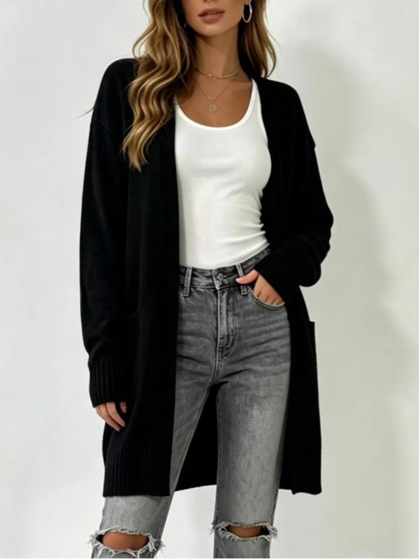 Full Size Open-Front Longline Knit Cardigan Plus Size