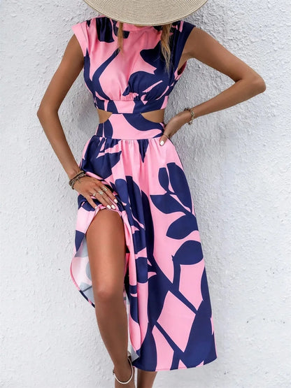 Cutout Printed Cap Sleeve Midi Dress