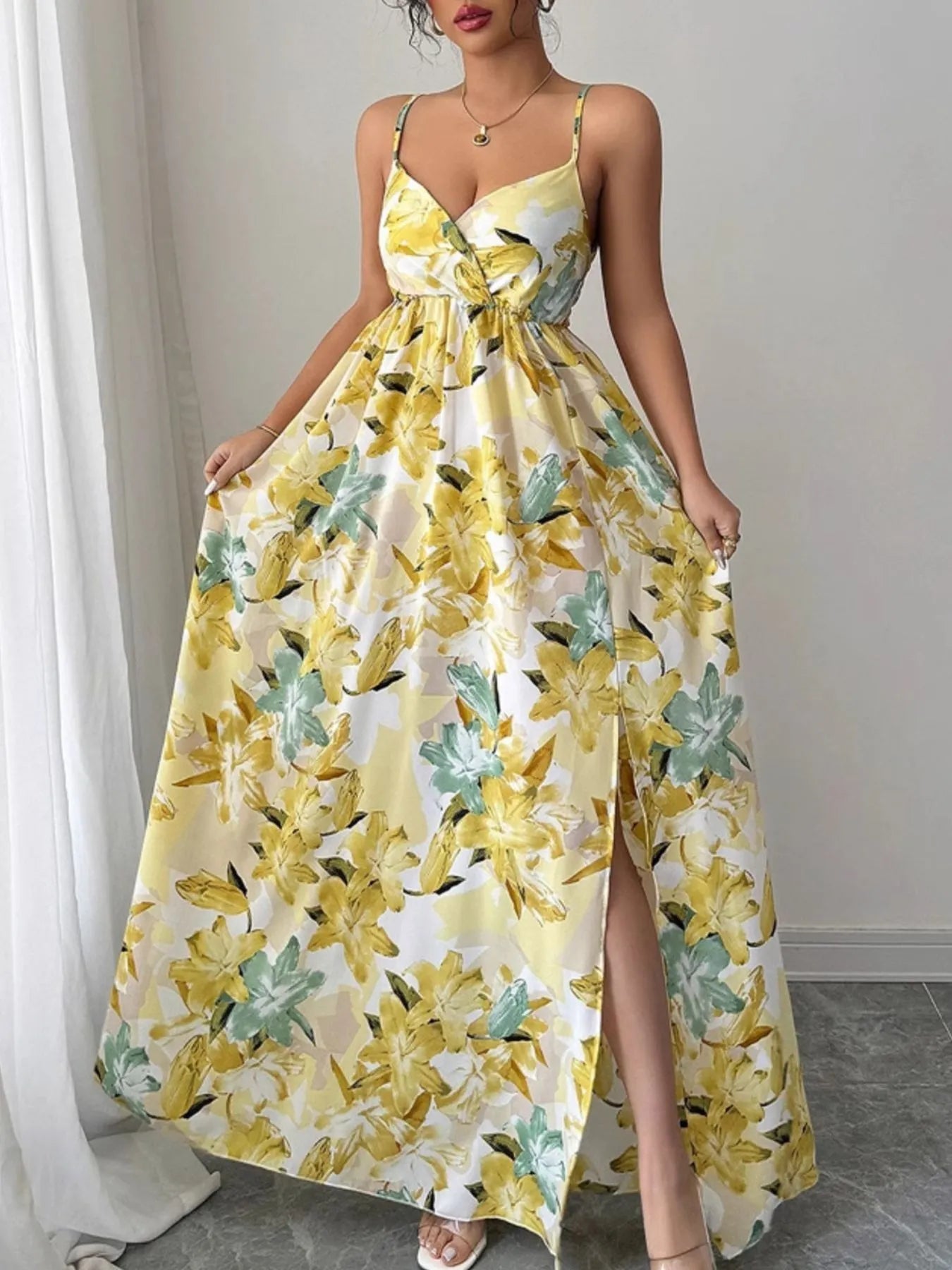 Floral Print Maxi Cami Dress with Side Slit