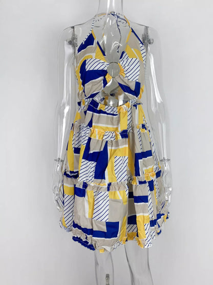 Colorful Print Halter Neck Ruffle Mini Dress