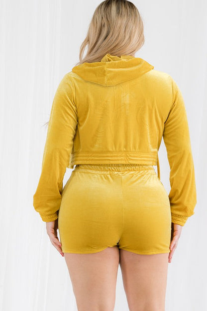 Plus Size Velour Crop Zip Up Hoodie and Shorts Set