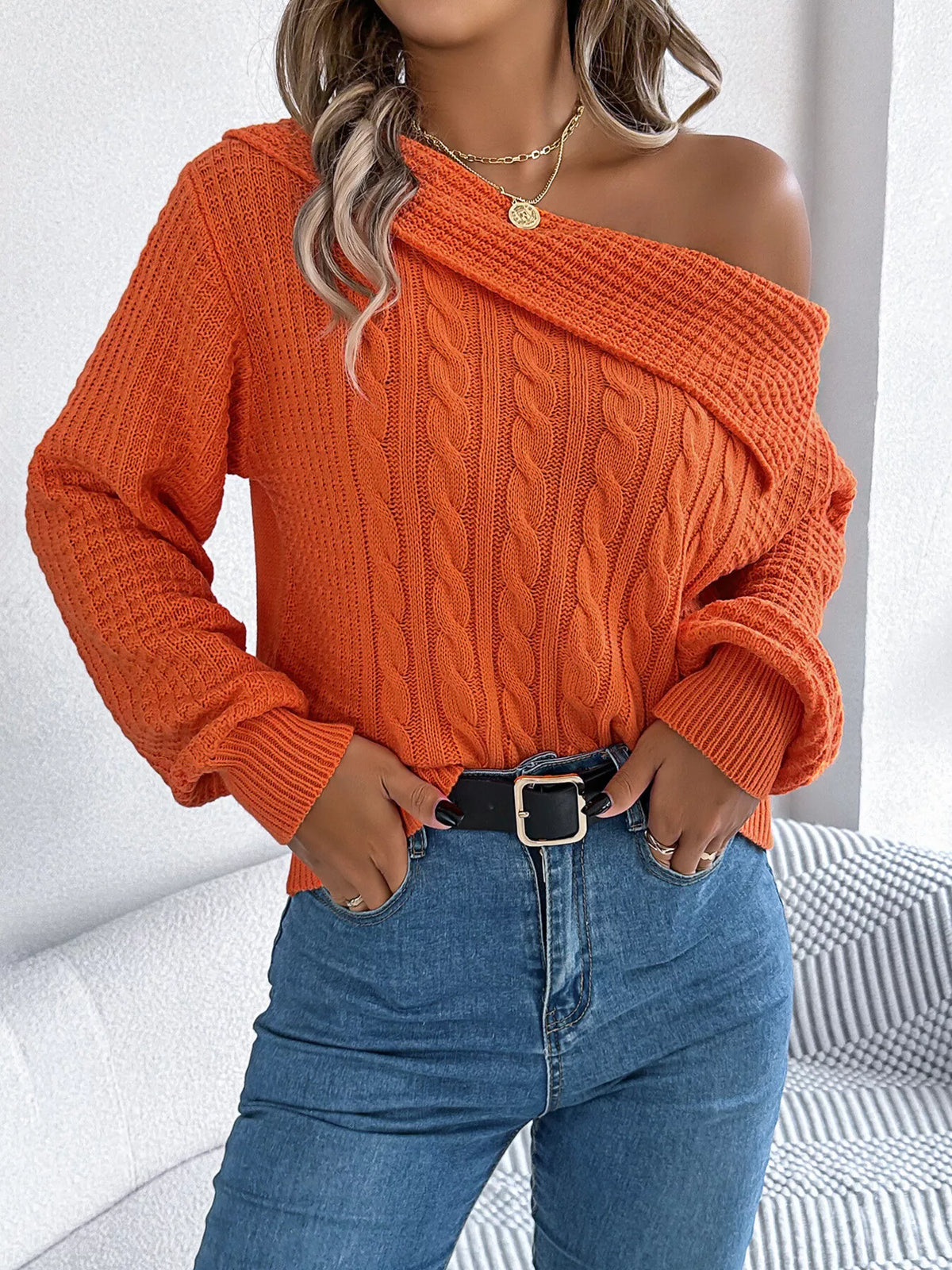 One-shoulder cable knit sweater, view 16