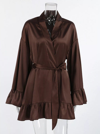 Satin Ruffle-Trim Lounge Nightgown Robe