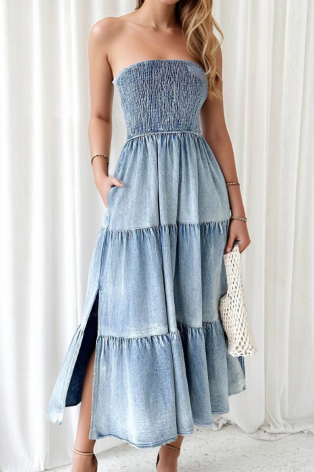 Slit Tiered Denim Dress