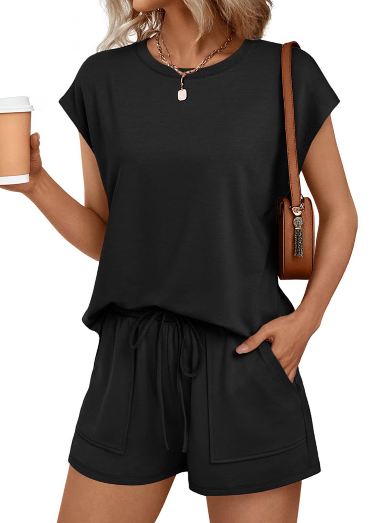 Round Neck Cap Sleeve Top and Shorts Set