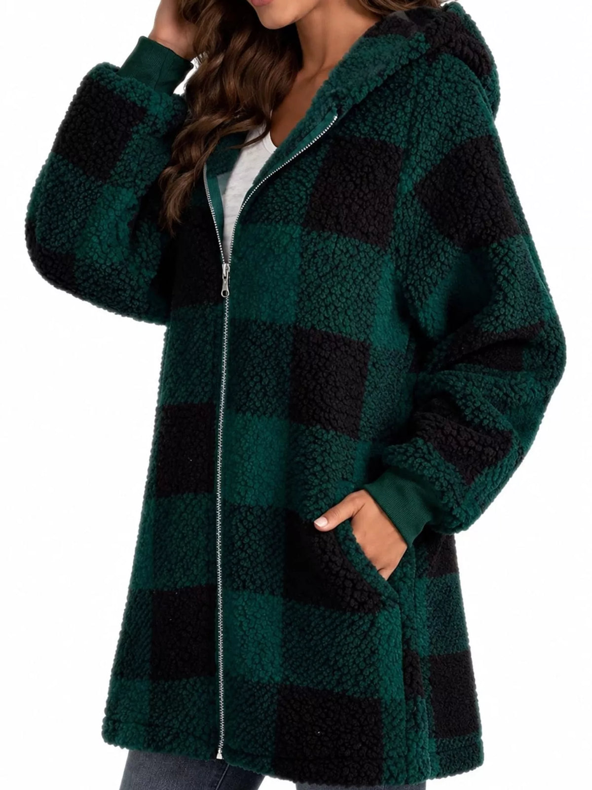 Plaid sherpa hooded zip-up jacket, view 10