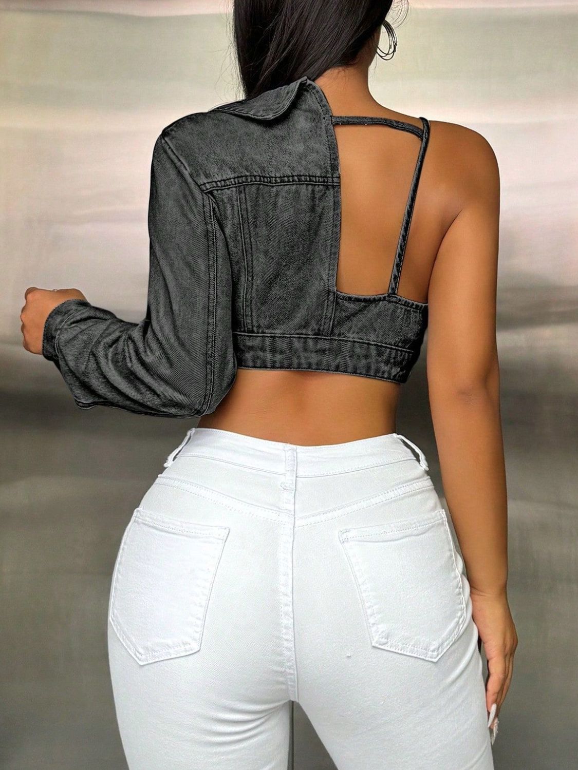 One Shoulder Cropped Denim Top