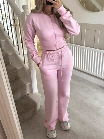 Zip-Up Crop Hoodie and High-Waisted Pants Set