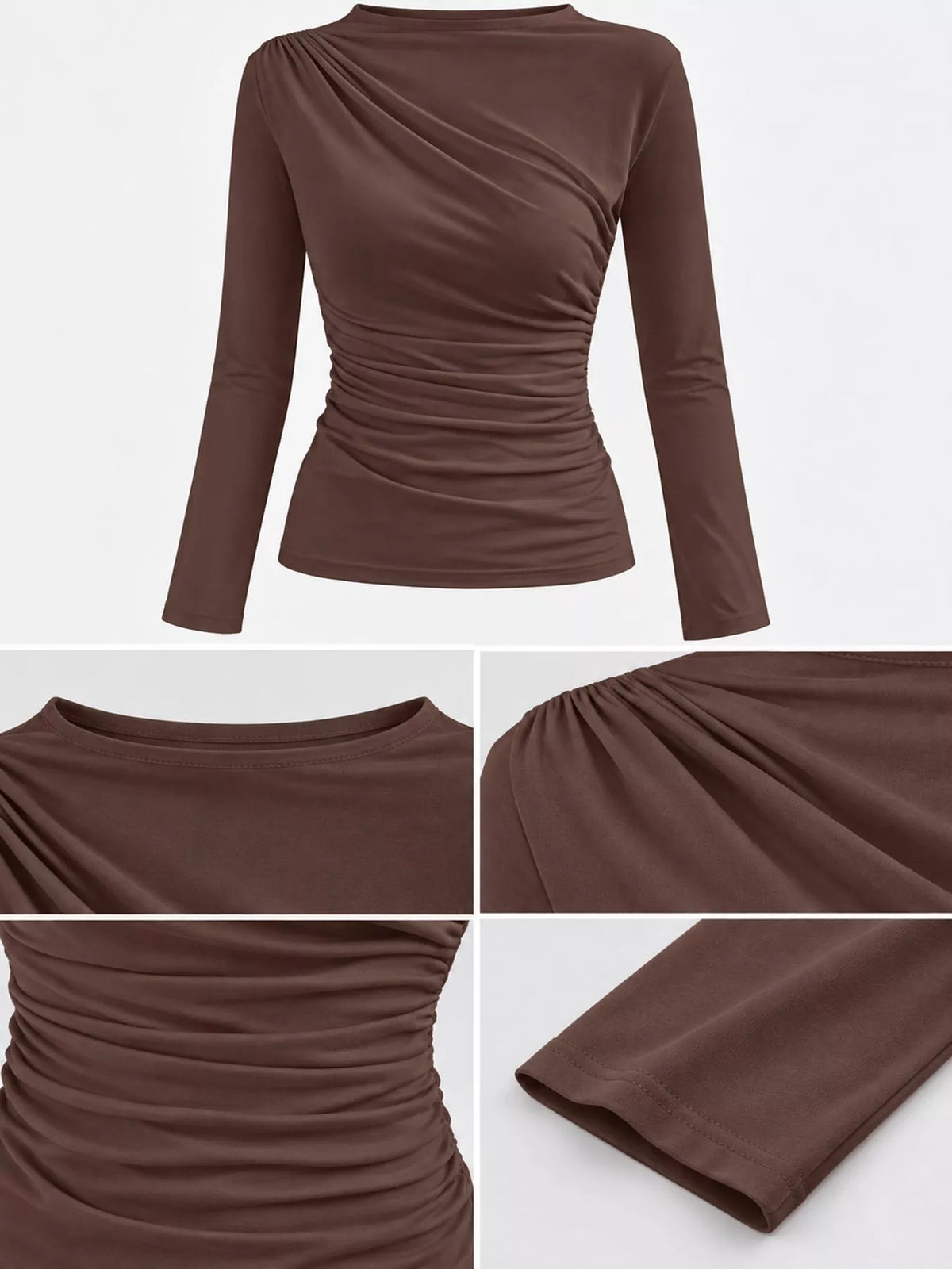 Plus Size Ruched Long Sleeve Slim-Fit Tee, 7 Colors