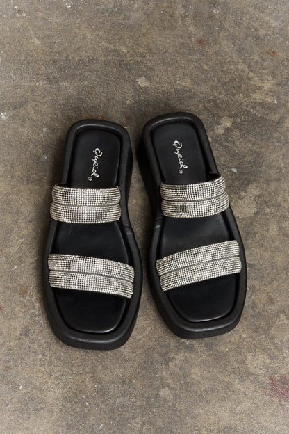 Black rhinestone wedge mules, view 4