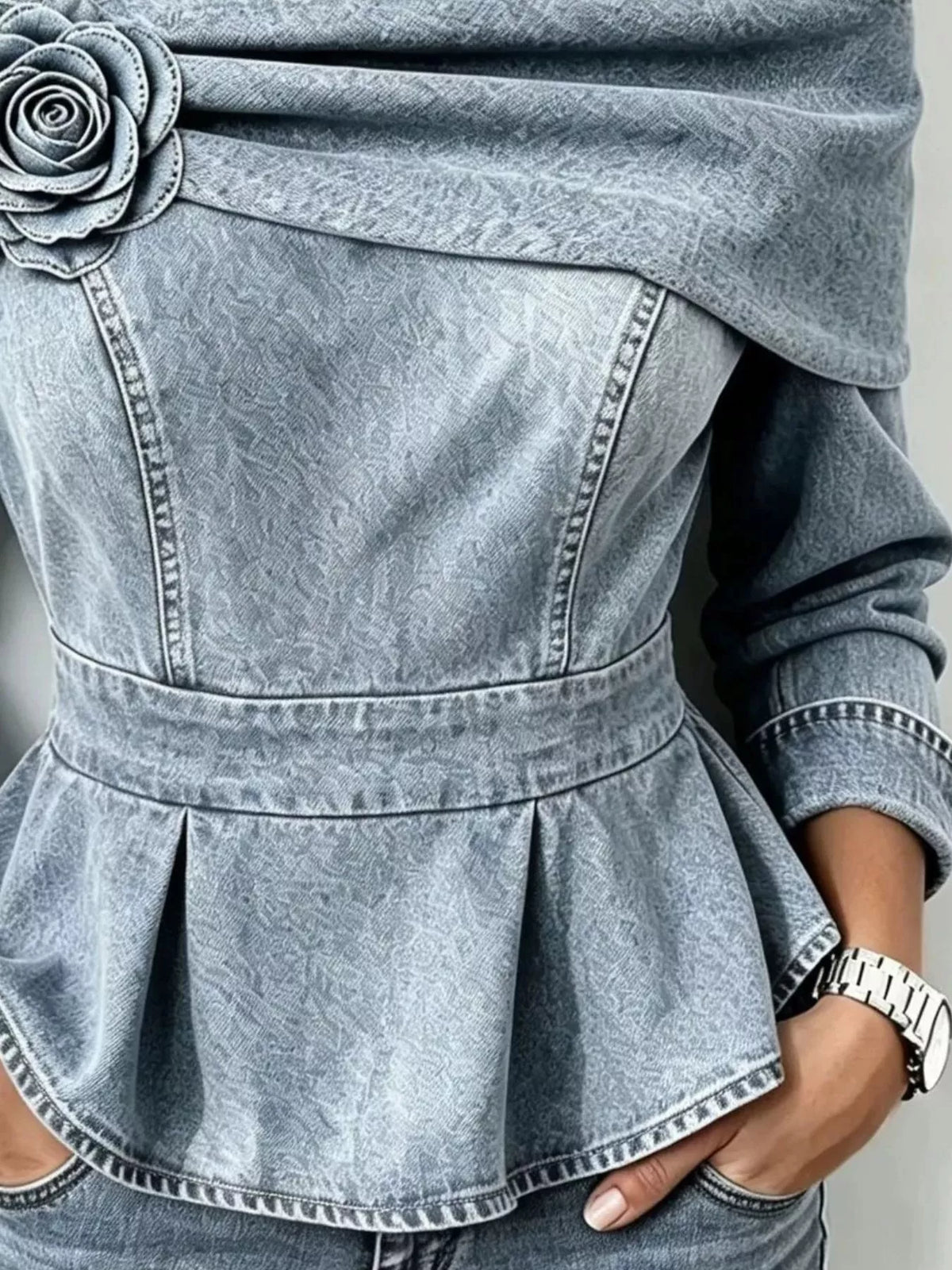 Plus Size Off-Shoulder Floral Denim Look Top