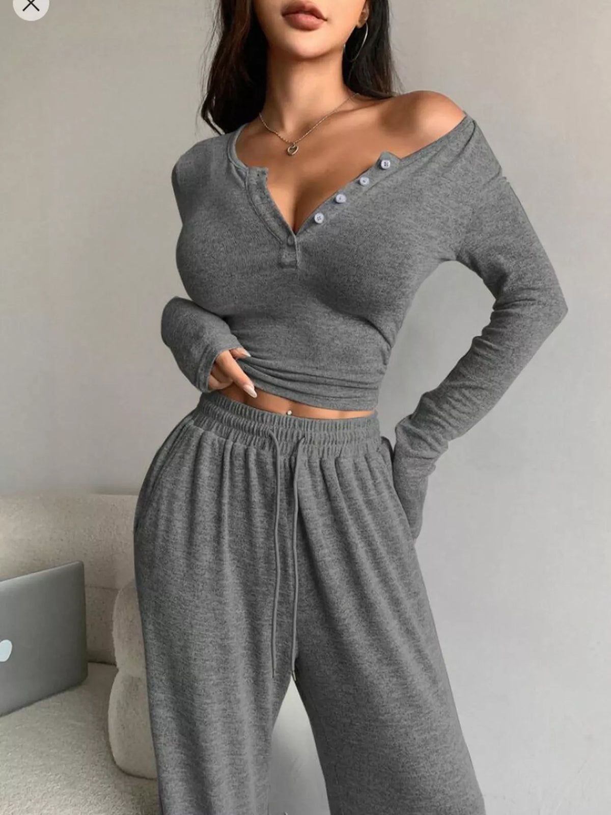 Button detail top and pants set, view 5