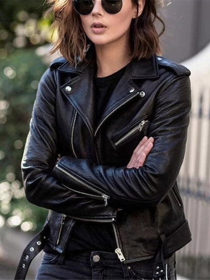 Full Size Zip Up Leather Biker Jacket