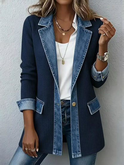 Full Size Denim Trim Ribbed Knit Jacket Plus Size