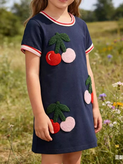 Children's Cherry Applique Short Sleeve Dress